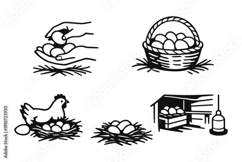 Black and white farm illustrations of eggs, hands, basket, hen, nest, and hen house