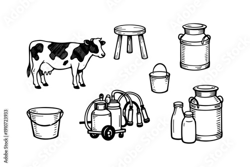 Dairy farm tools and equipment with cow