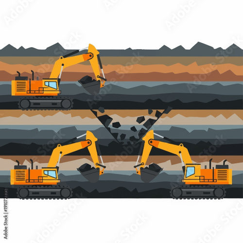 Heavy machinery excavators digging coal in a mine, illustrating industrial mining operations.