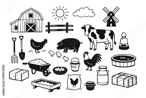 Farm life icons: barn, animals, tools, windmill, nature elements