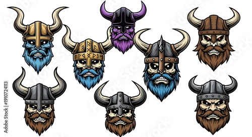 Viking warrior helmet heads cartoon style set.