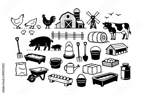 Black and white farm illustrations with animals and equipment