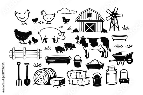 Farm animals and equipment illustration with barn, windmill, and livestock