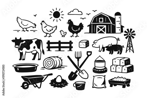 Black and white farm silhouettes with animals, barn, and farming tools