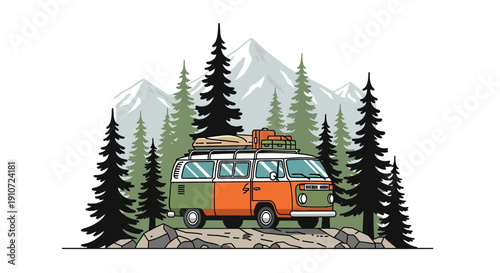 Vintage camper van parked in forest with mountains in the background.
