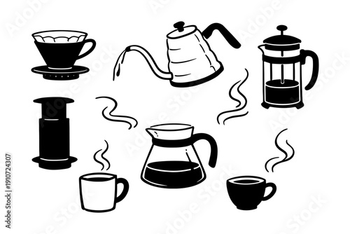 Black and white coffee brewing methods illustration with various equipment