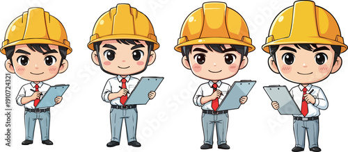 Chibi male engineer character vector illustration with yellow hard hat, white shirt, red tie, grey pants, holding clipboard, isolated on white