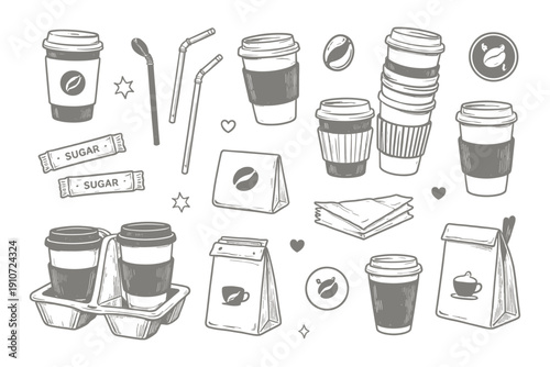 Monochrome coffee takeaway illustrations with cups, straws, and sugar packets