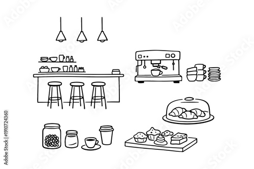 Charming café interior with coffee bar, barstools, espresso machine, and pastries