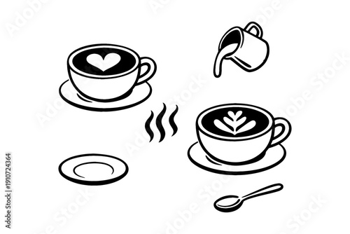 Stylized coffee cups with latte art and pouring milk