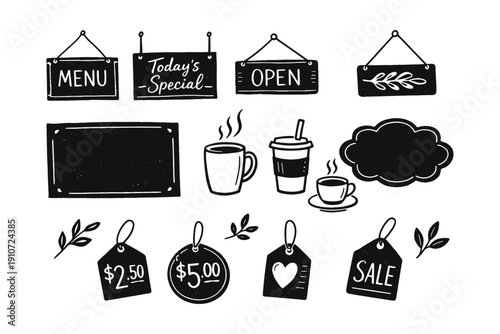 Chalkboard style coffee shop signs and price tags