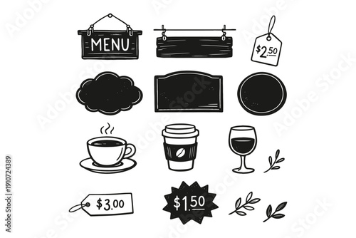 Hand-drawn coffee shop elements: menu signs cups price tags and plant decor