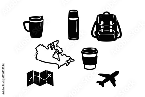Travel icons set: backpack, thermos, airplane, map, coffee cups, destination
