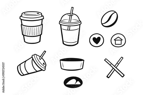 Black and white beverage icons with straws and lids