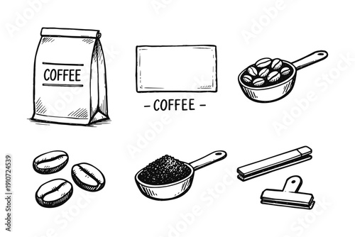 Hand-drawn coffee elements including beans, bag, scoop, and grinder