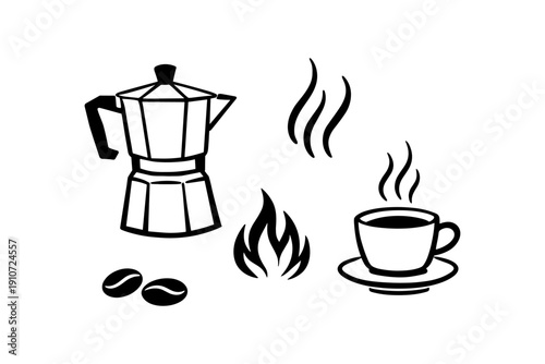 Moka pot with coffee cup and beans in minimalist design