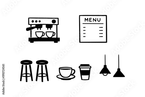 Minimalist coffee shop icons set: espresso machine, menu, stools, cups, hanging lights