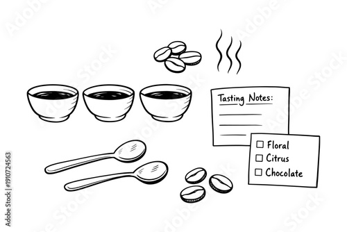 Hand-drawn coffee tasting illustration with cups and beans