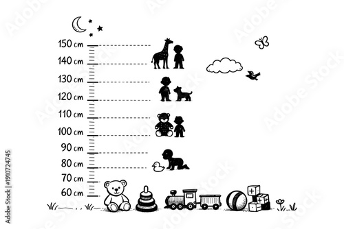 Children's growth chart with animals and toys illustration