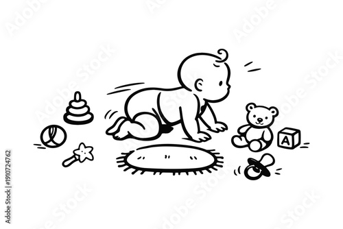 Cartoon baby playing with toys on rug: bear, ball, block