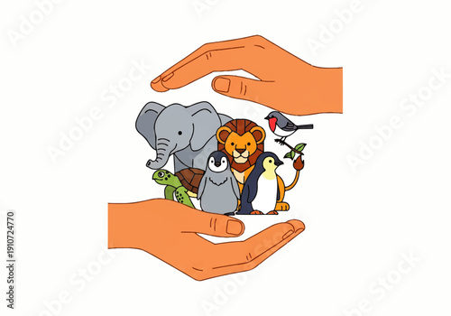 Vector flat design illustration of hands cradling various animals including an elephant, lion, penguin, toucan, and lizard on a white background.