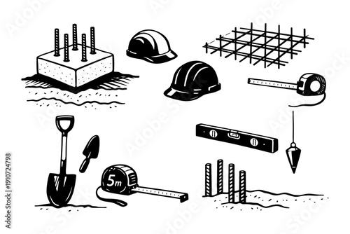 Collection of construction tools gear and equipment for building projects