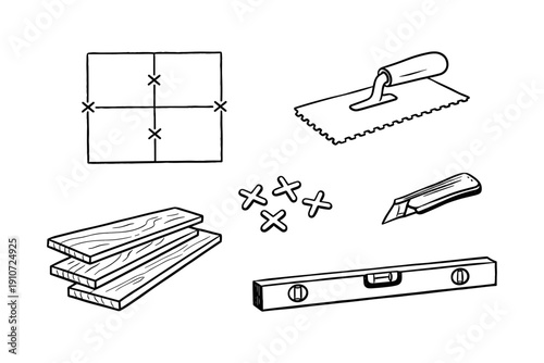 Tile installation tools and materials: trowel, cutter, level, spacers, tiles, and flooring