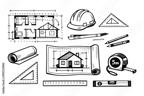 Architectural tools and blueprints: helmet, ruler, plans, pencils, drafting materials