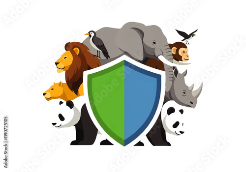 Vector flat design illustration of a shield surrounded by various endangered animals in a protective formation against a clean white background.