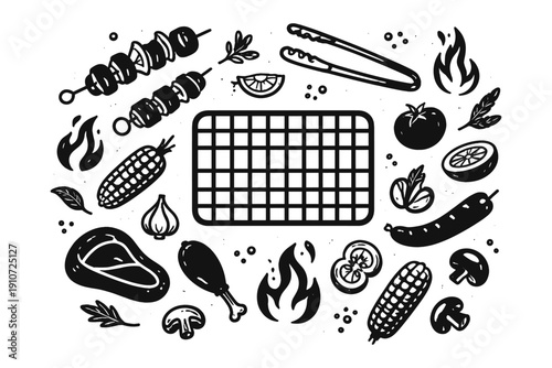Grilling essentials illustration with barbecue tools and ingredients