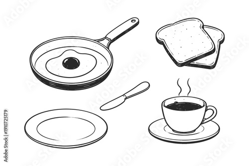 Simple breakfast sketch: frying pan egg, toast, coffee, plate, knife