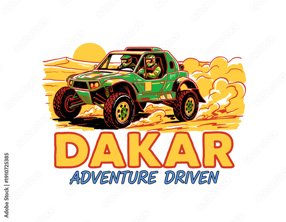 Fototapeta premium Dakar rally vector design illustration. Off road adventure graphic print. Extreme desert challenge artwork. Buggy race design for t-shirt print. Vinta