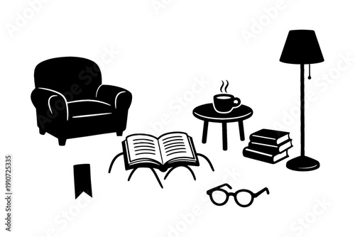 Cozy reading corner with armchair, books, and lamp