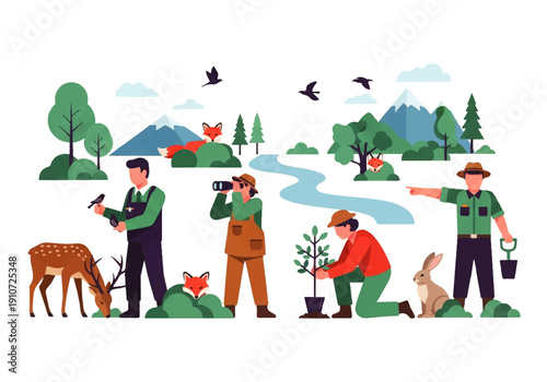 Vector flat design illustration of people engaging in conservation activities like planting a tree, observing wildlife, and interacting with animals in a natural setting with a serene