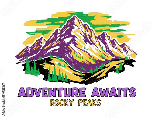 Mountain illustration outdoor adventure for t-shirt design. Adventure awaits rocky peaks typography slogan. Graphic print design for apparel sticker p