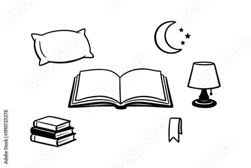 Nighttime reading symbols: book, pillow, moon, lamp, bookmark, stars, and books