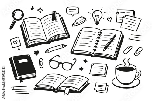 Creative doodle collection: books, coffee, and office supplies in black and white illustration