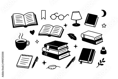 Cozy reading essentials: books, cup, lamp, glasses, and writing tools