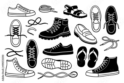 Variety of footwear: sneakers, boots, sandals, loafers, flip flops - black and white illustrations