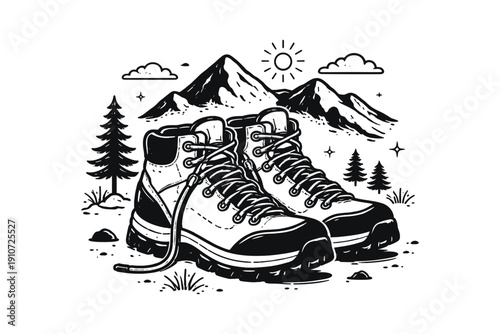 Hiking boots and mountain landscape in nature-inspired illustration