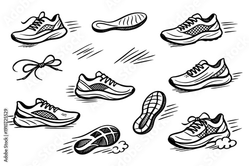 Dynamic sketches of running shoes with soles and laces