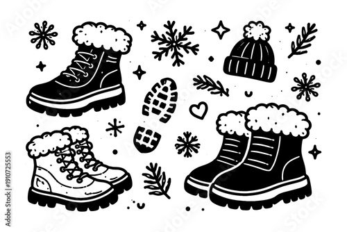 Winter boots and accessories with snowflakes and hat illustration