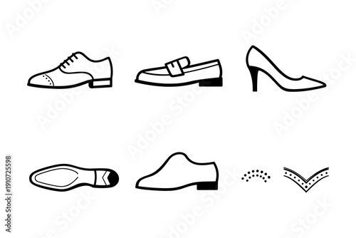 Collection of monochrome shoe icons featuring different styles and soles