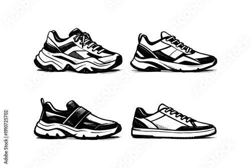 Black and white sketches of trendy athletic sneakers variety