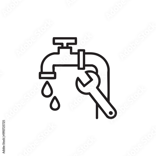 A leaky faucet being repaired with a wrench, symbolizing plumbing maintenance and fixing water leakage issues effectively with modern tools in a simple, illustrative style.