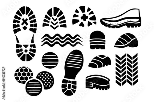Variety of shoe tread patterns for different footwear types