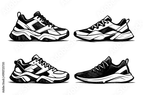 Black and white sketch of modern sneakers in various styles