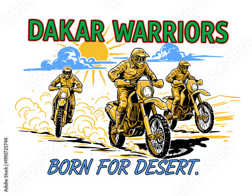 Dakar motorcycle rally race artwork design. Extreme desert enduro competition graphic print. Born for desert riders t shirt vector design. Speed race