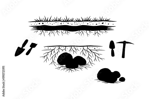 Planting tools and root systems illustrations with gardening equipment
