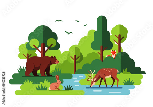 Vector flat design illustration of a serene forest scene with a bear, deer, and rabbit by a stream, surrounded by lush greenery and trees under a clear sky with flying birds.